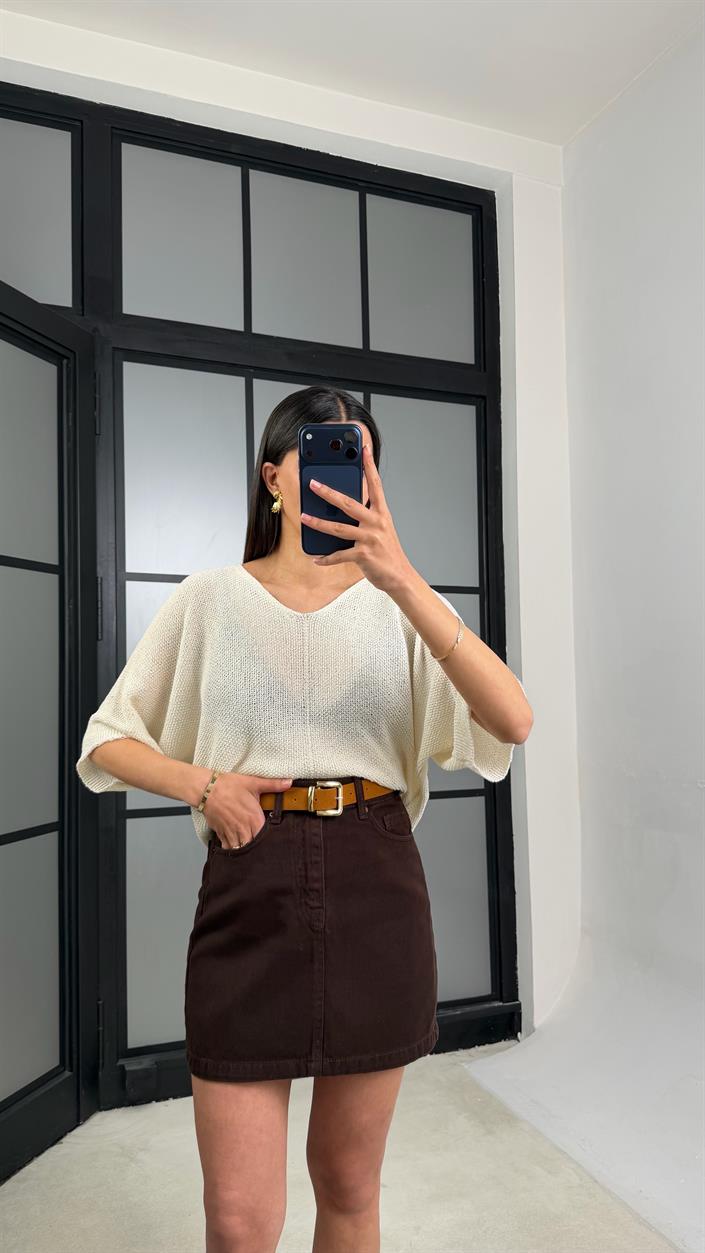 Krem Yarasa Kol Ajurlu Triko Bluz GAUS-01443