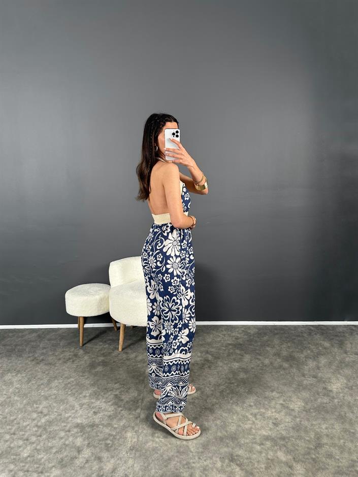 RYN Mavi Viskon Sırt Dekolteli Tulum