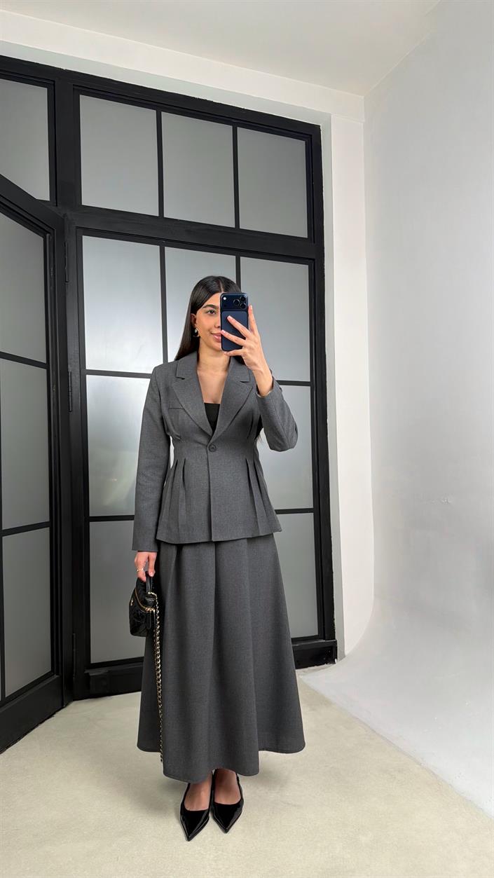 Antrasit Belden Oturtmalı Astarlı Vatkalı Ceket Cepli Etek Premium Takım GAUS-01290