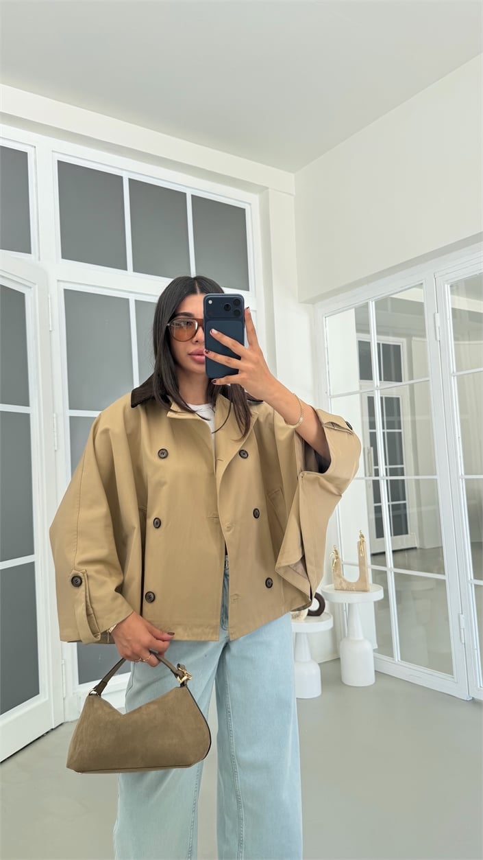 Camel Kadife Yaka Astarlı Pelerin Trençkot GAUS-01907