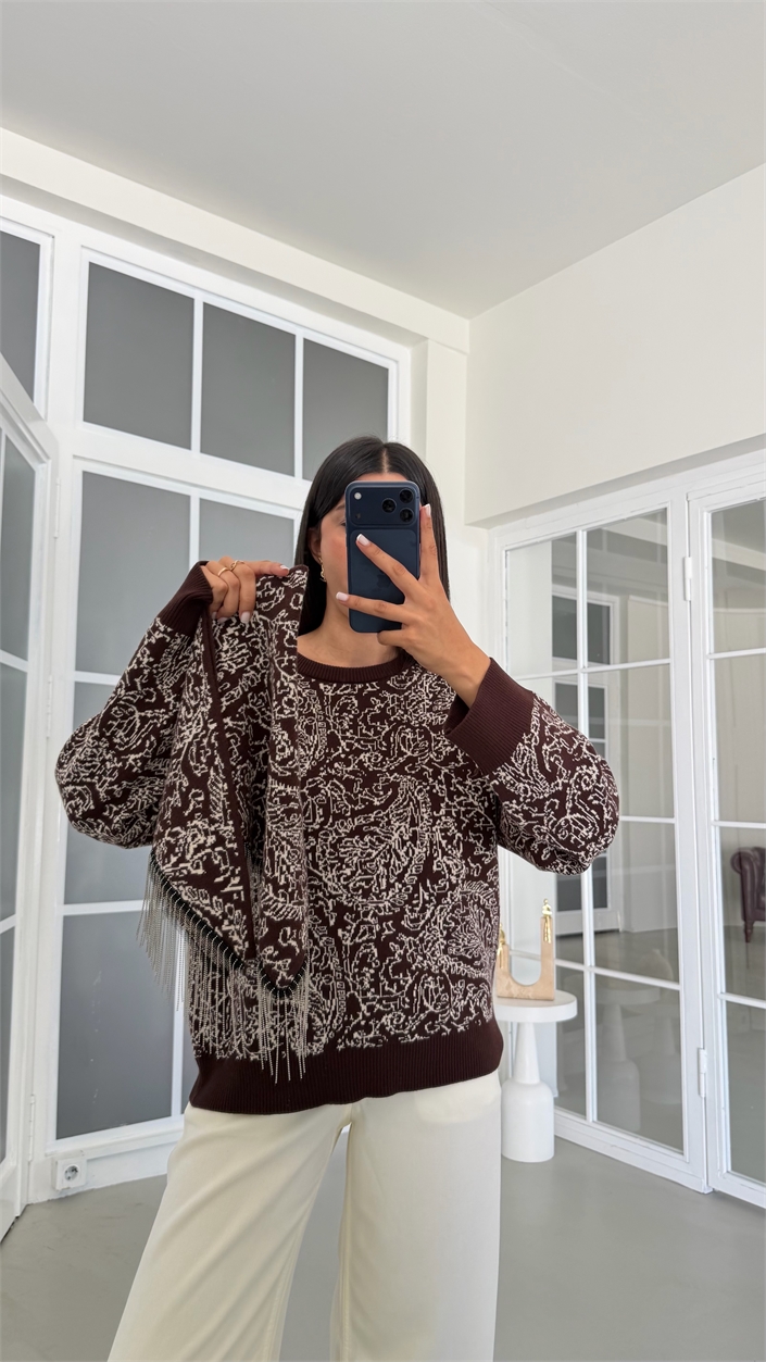 Kahve Çıkarabilir Fularlı Jakarlı Kazak GAUS-02063