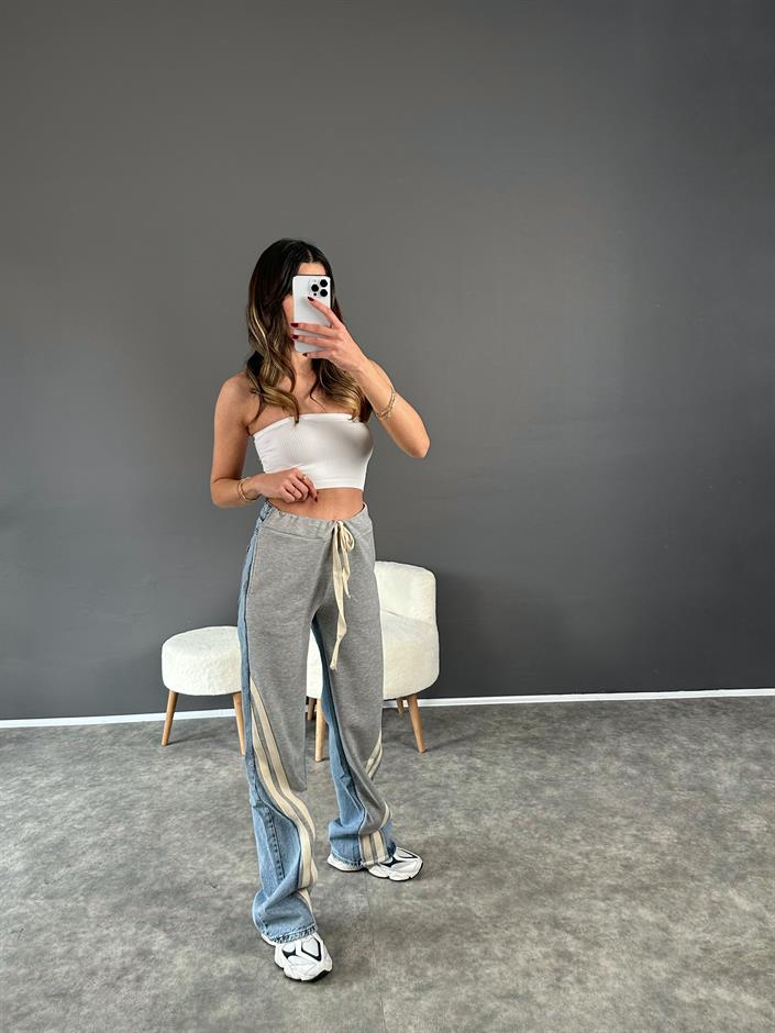 Premium Gri Jean Şerit Detaylı Pantolon