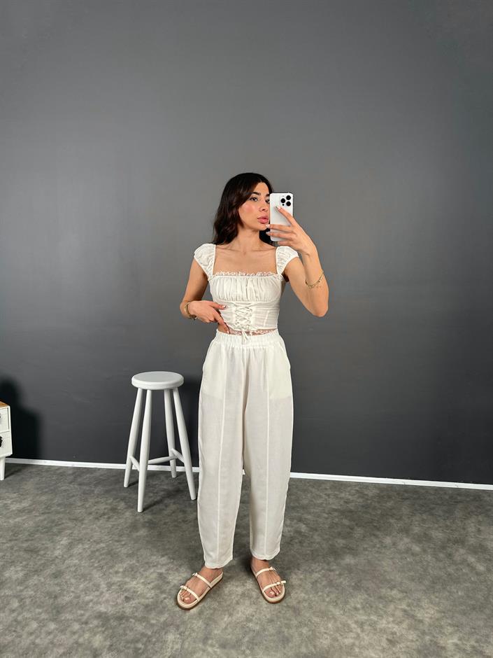 Nien Beyaz Tensel Kumaş Şalvar Pantolon