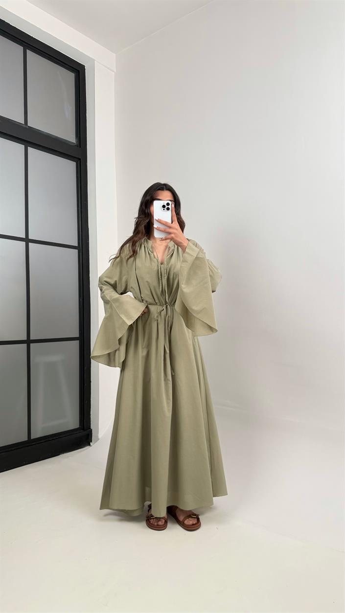 Haki Önü Bağlamalı Kuşaklı Astarlı Vual Kumaş Elbise Gaus00344