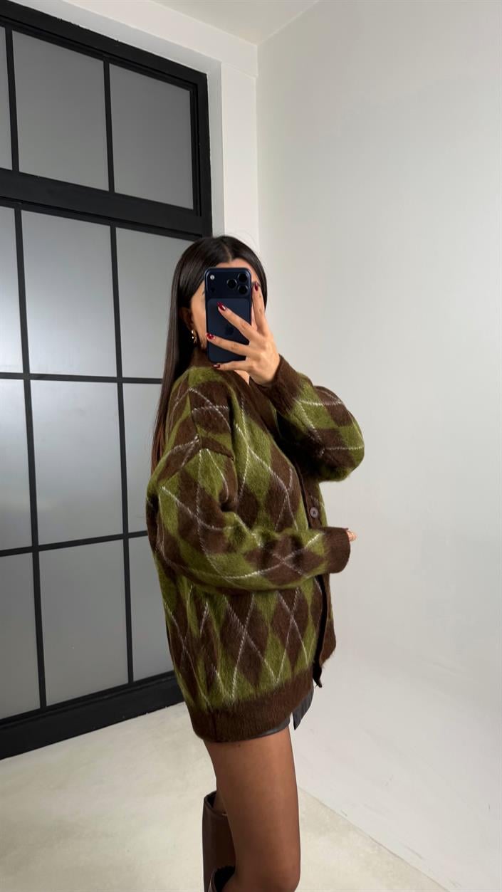 Yeşil Baklava Desenli Triko Hırka GAUS-00627