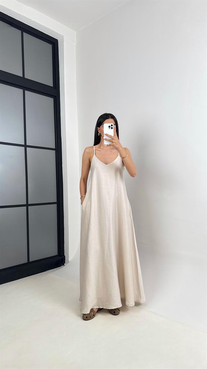 Taş Askılı Astarlı Cepli Tencel Elbise Gaus00449