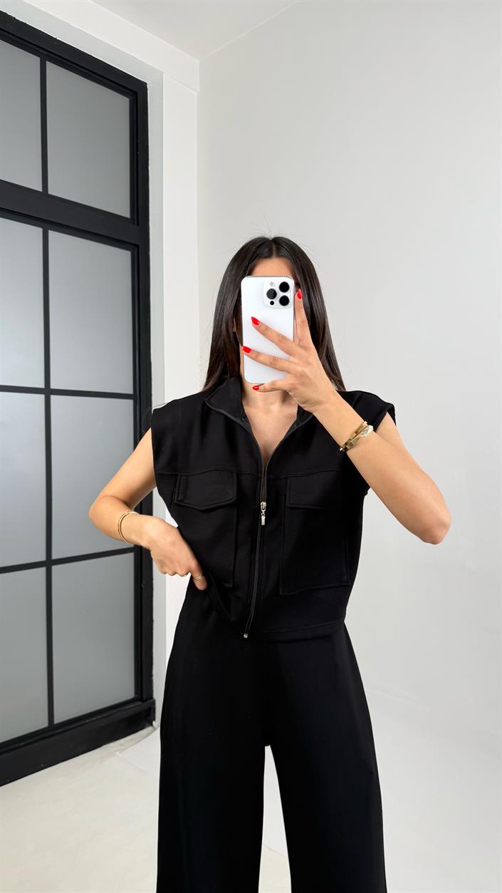 Siyah Cepli Yelek Beli Lastikli Pantolon Modal Eşofman Takım Gaus00523