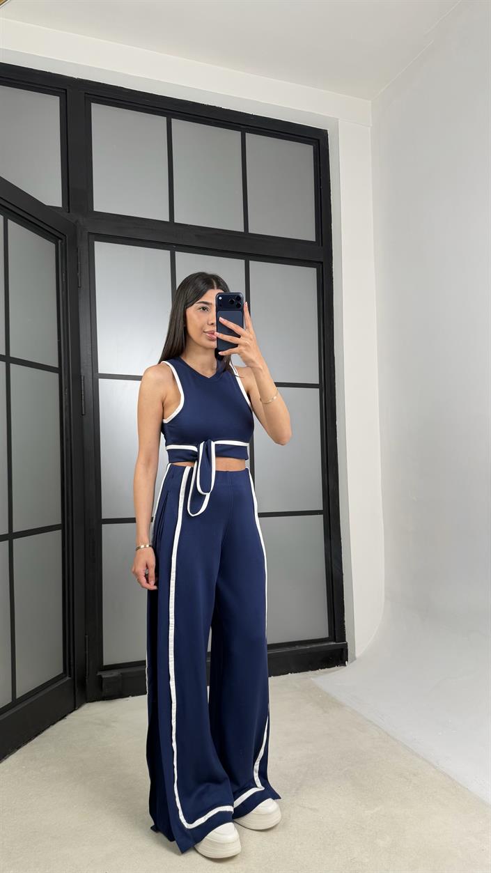 Lacivert Bağlama Detaylı Bluz Beli Lastikli Pantolon Biyeli Modal Takım GAUS-01473