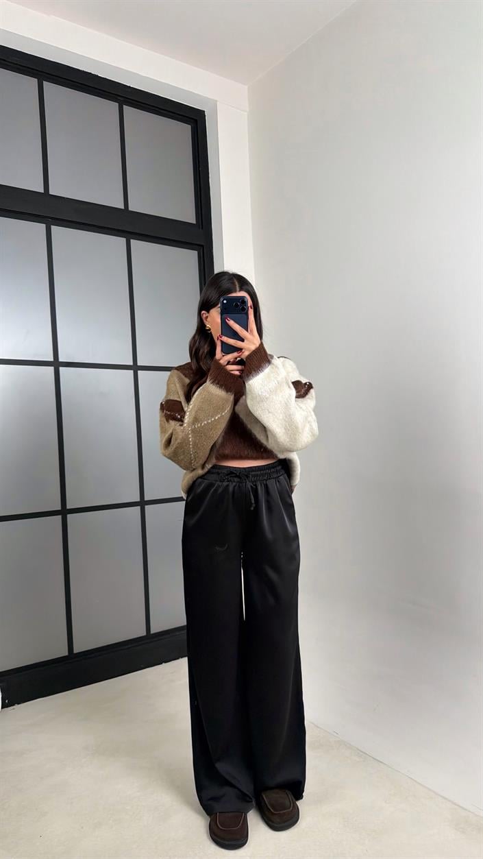 Siyah Beli Lastikli Saten Pantolon GAUS-00696