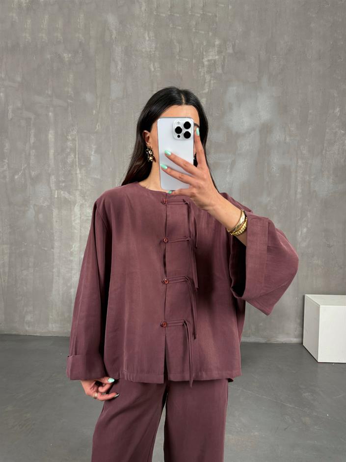 Mürdüm Yaka Düğmeli Gömlek Beli Lastikli Pantolon Tensel Takım Gaus00238