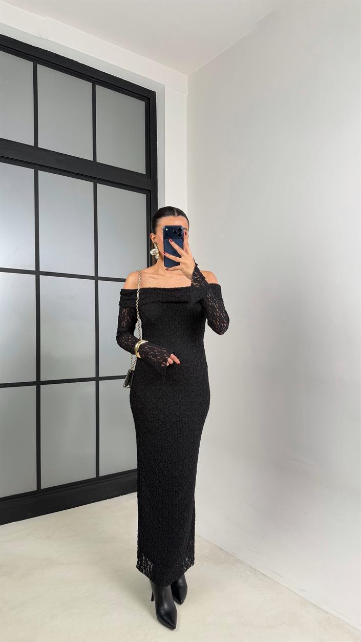 Siyah Madonna Yaka Dantelli Astarlı Elbise GAUS-00664