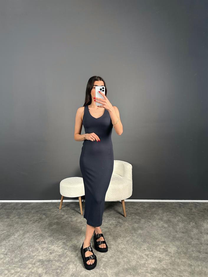 Füme V Yaka Midi Boy Basic Elbise