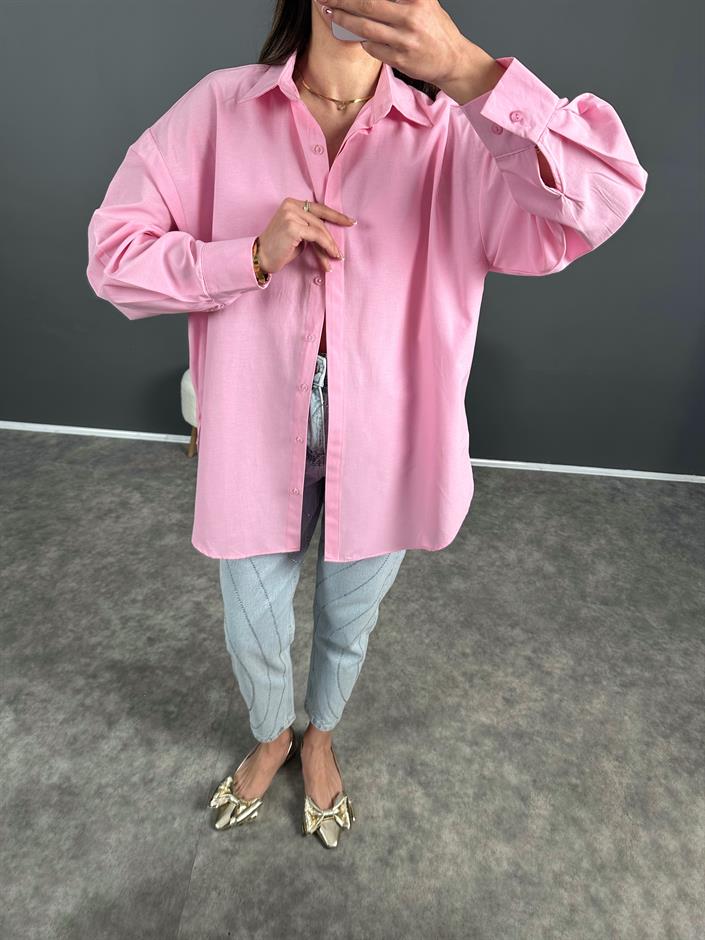 Min Pembe Oversize Gizli Düğmeli Gömlek