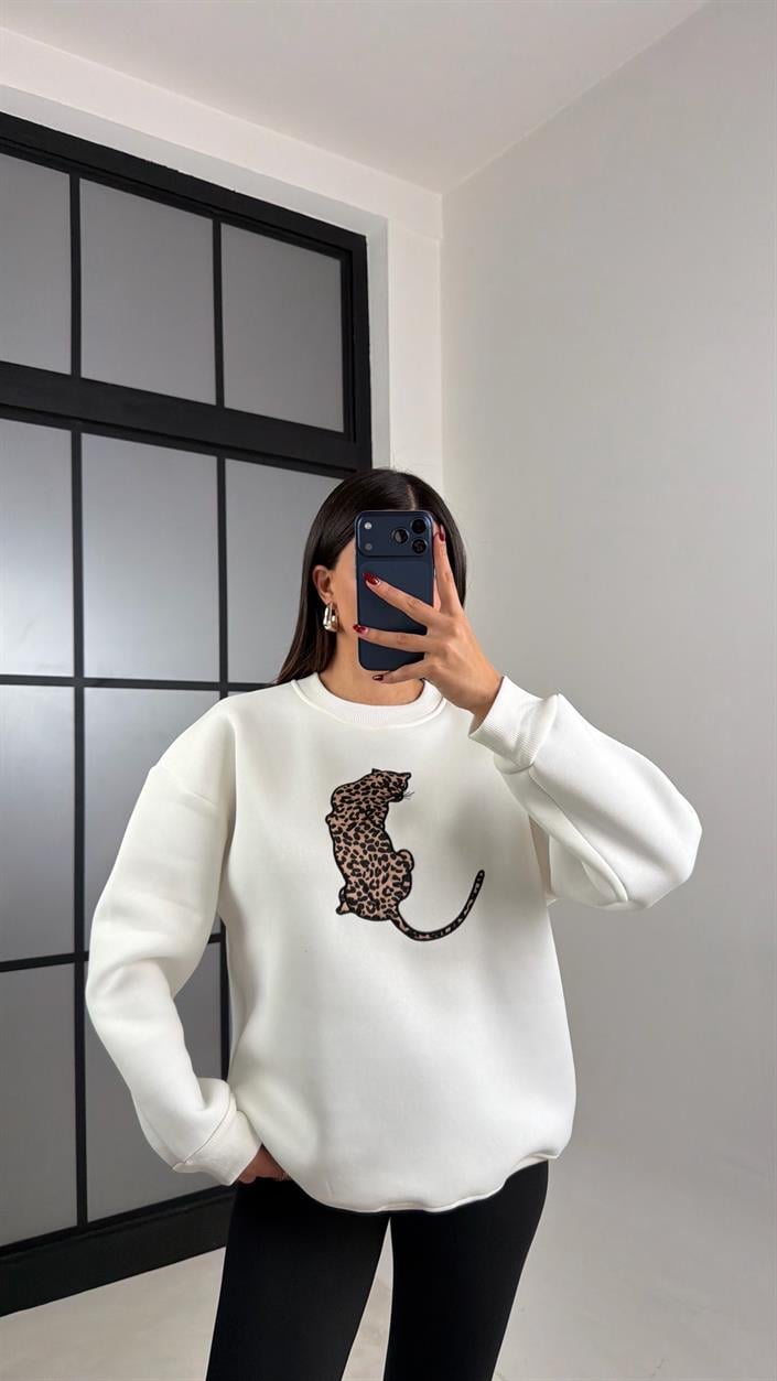 Beyaz Leopar Nakışlı Şardonlu Sweatshirt GAUS-00796