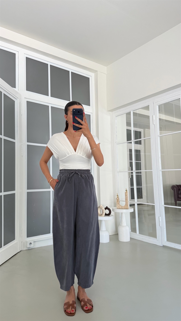 Gri MD Muadil Beli Lastikli Tencel Pantolon GAUS-01848