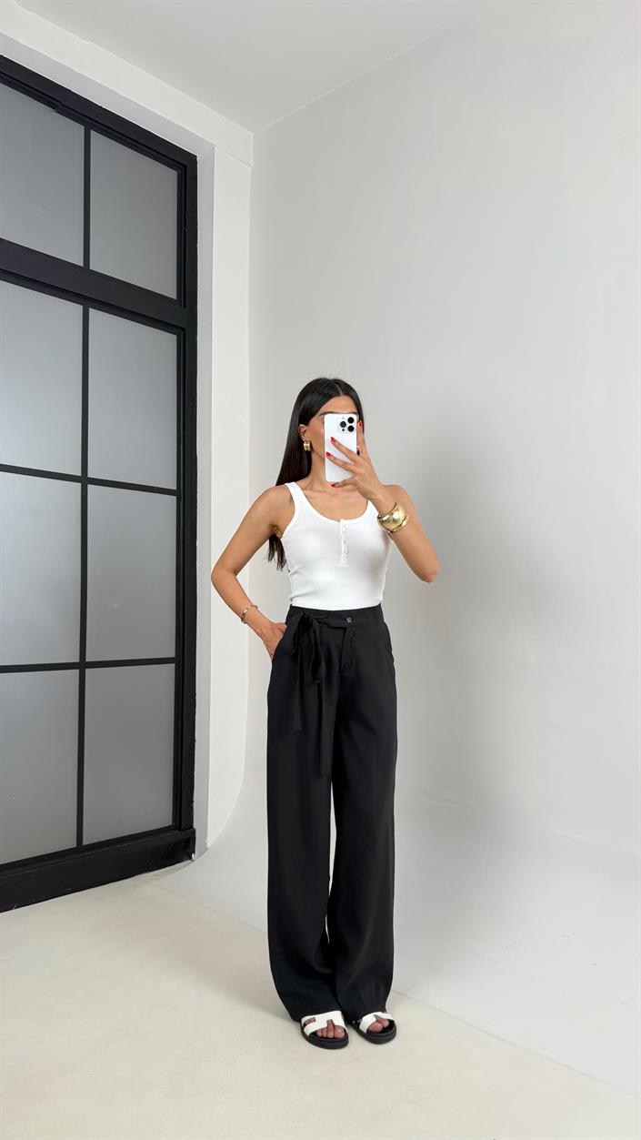 Siyah Yan Bağlamalı Tasarım Tencel Pantolon Gaus00500