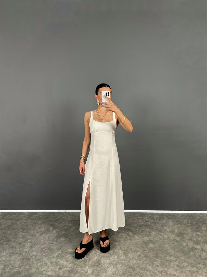  Uxor Taş Askılı Yırtmaçlı Uzun ZR Model Keten Elbise