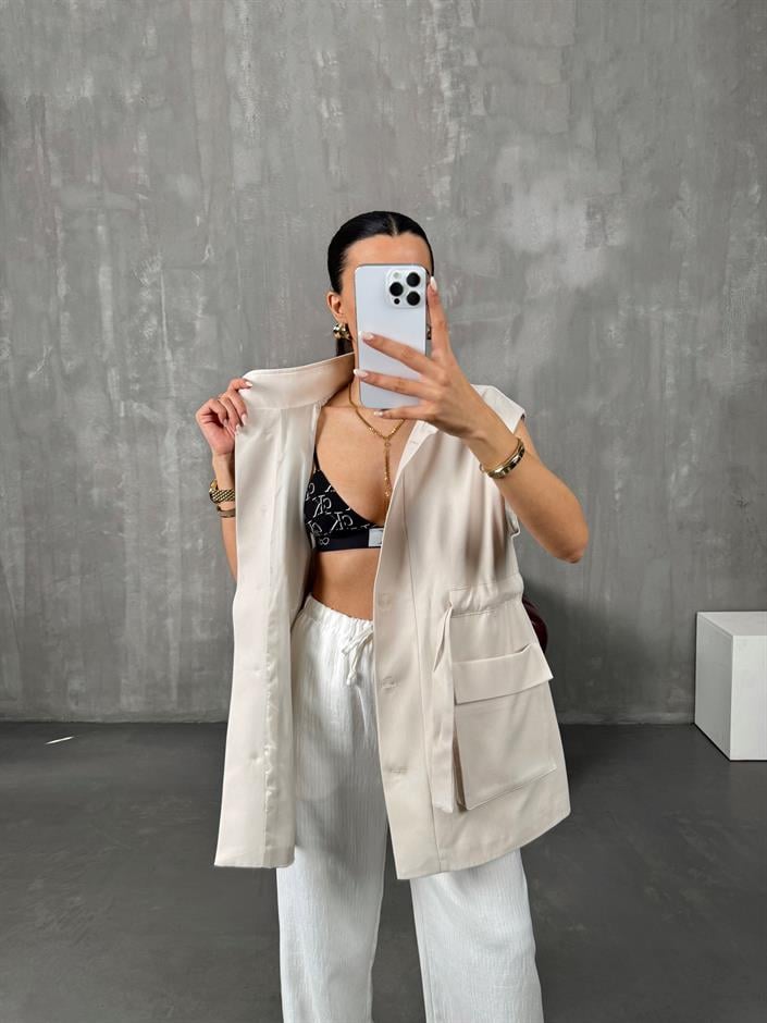 Ravi Taş Astarlı Belden Bağlamalı Gabardin Yelek