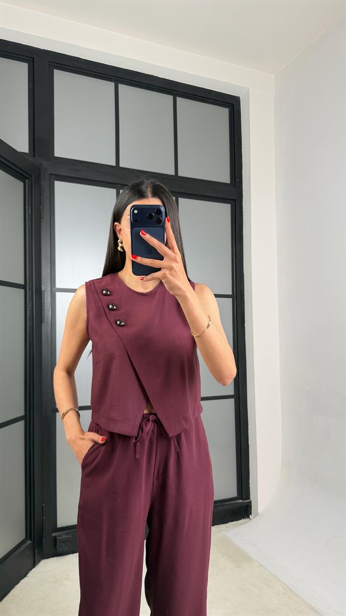 Mürdüm Yelek Beli Lastikli Pantolon Premium Takım GAUS-01538