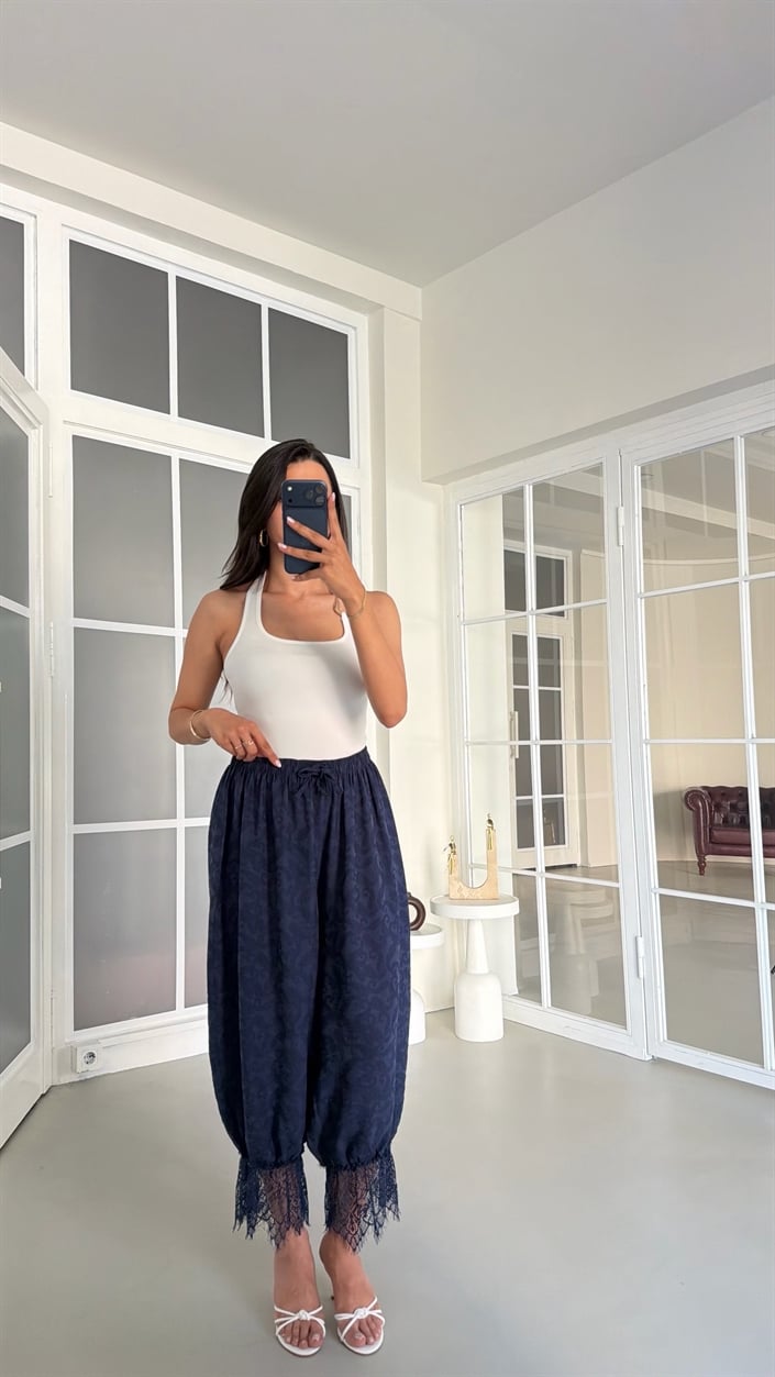 Lacivert Beli Lastikli Dantel Detaylı Pinterest Şalvar GAUS-01763