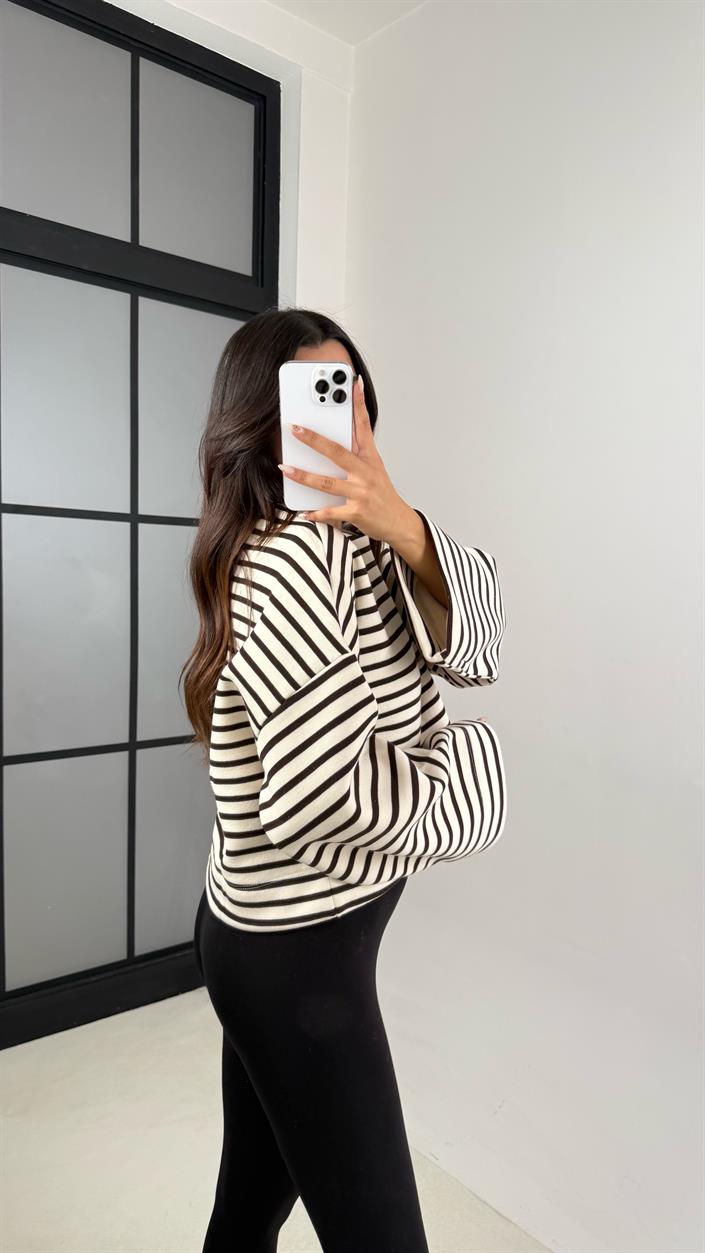 Kahve Çizgili Şardonlu Crop Kazak GAUS-00132