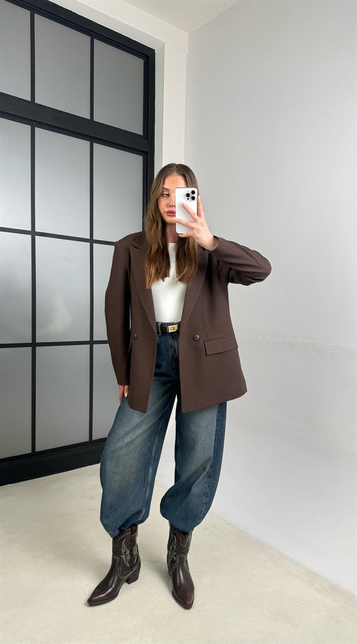 Kahve Astarlı Vatkalı Cep Detaylı Blazer Ceket GAUS-01158