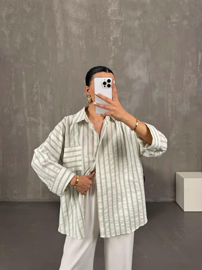 Yeşil Çizgili Oversize Keten Gömlek Gaus00017