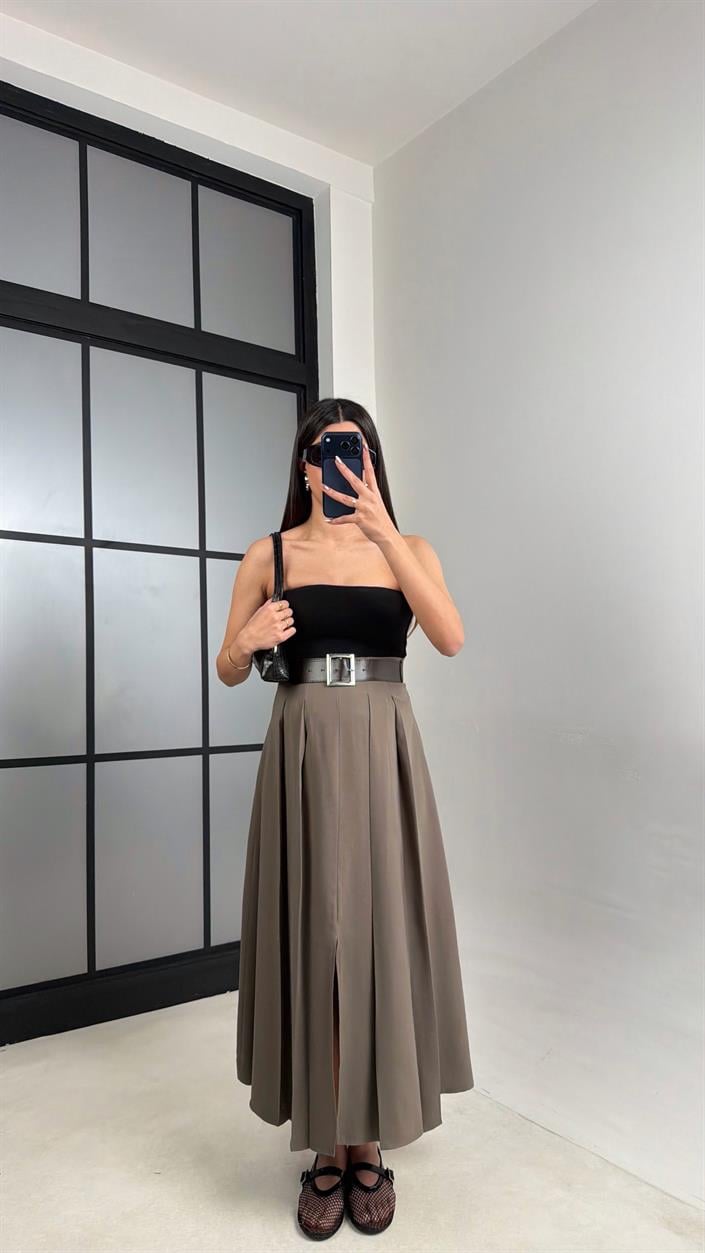 Haki Deri Kemerli Yırtmaçlı Tencel Etek GAUS-01088