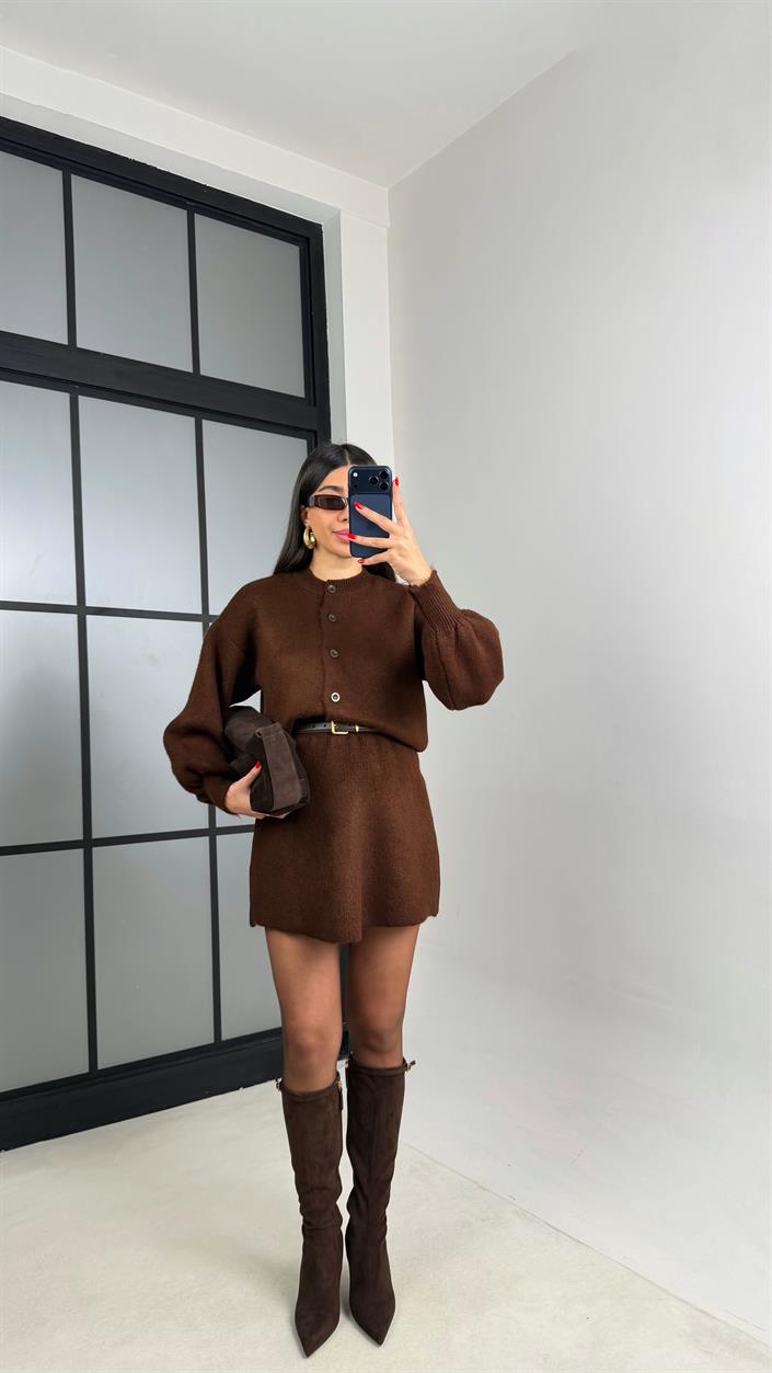 Kahve Hırka Beli Lastikli Etek İkili Triko Takım GAUS-00899