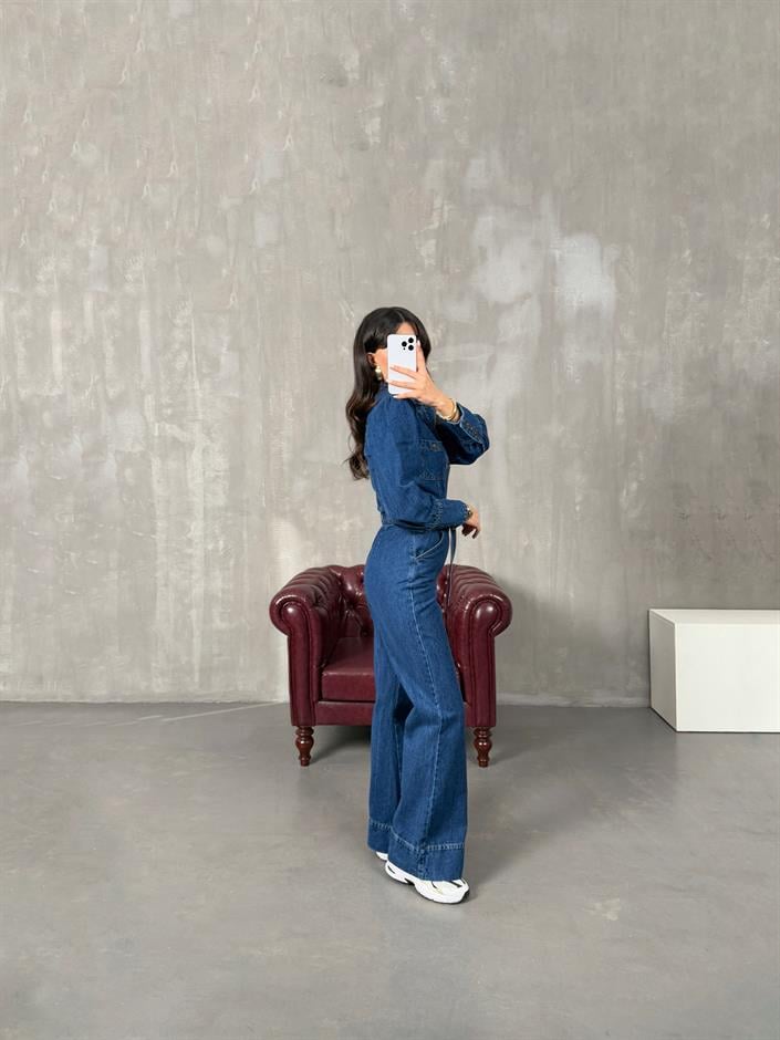 Hopes Koyu Mavi Kuşaklı Düğme Detaylı Tasarım Denim Tulum