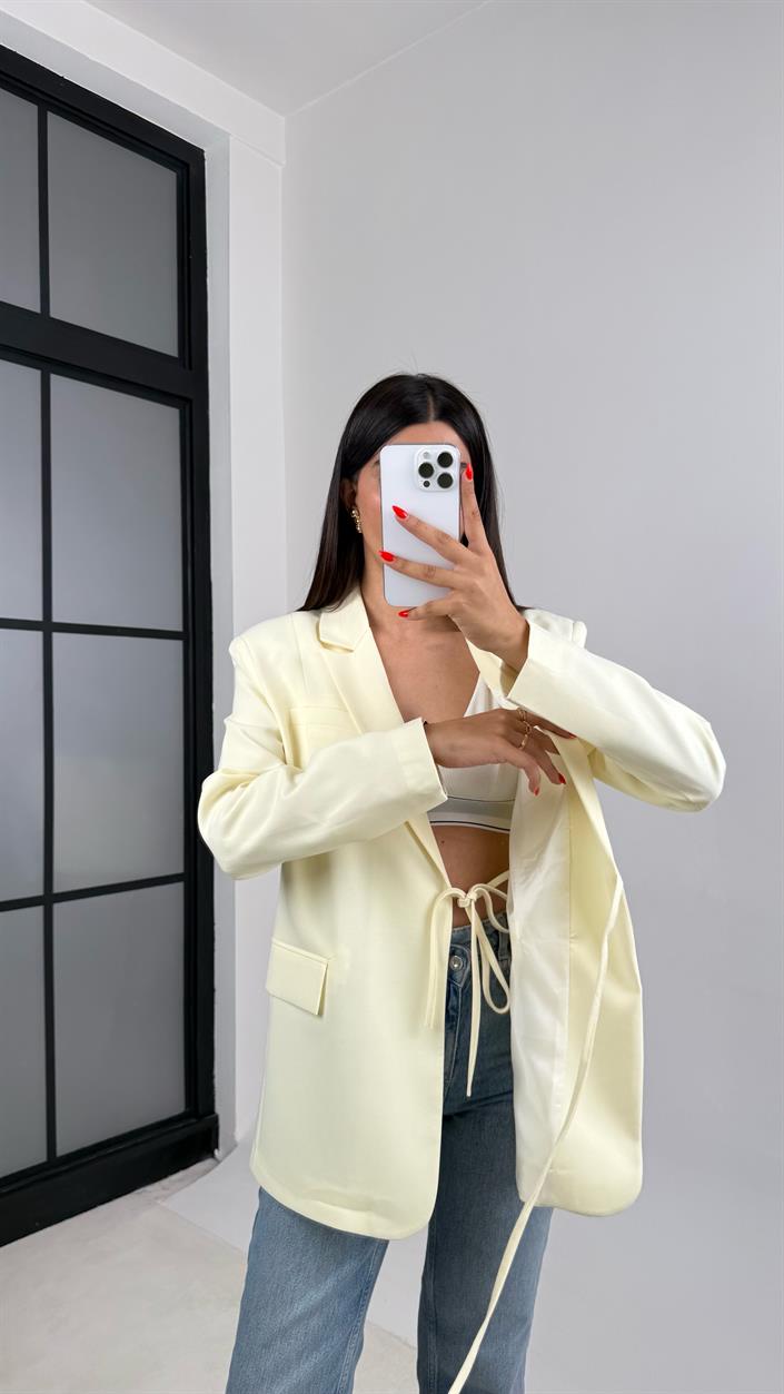 Sarı Astarlı Vatkalı Önden Bağlama Detaylı  Blazer Ceket GAUS-0068