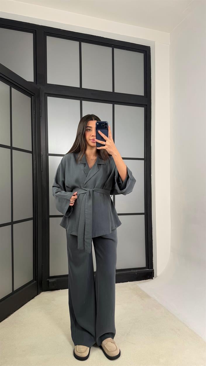 Antrasit Kuşaklı Ceket Beli Lastikli Pantolon Tencel Takım GAUS-01128