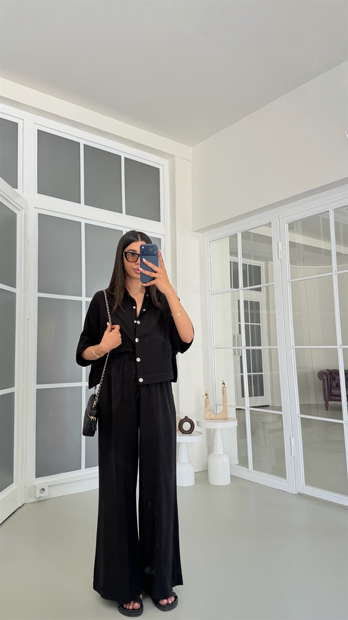 Siyah Yarasa Kol Gömlek Beli Lastikli Pantolon Tencel Denim Takım GAUS-01785
