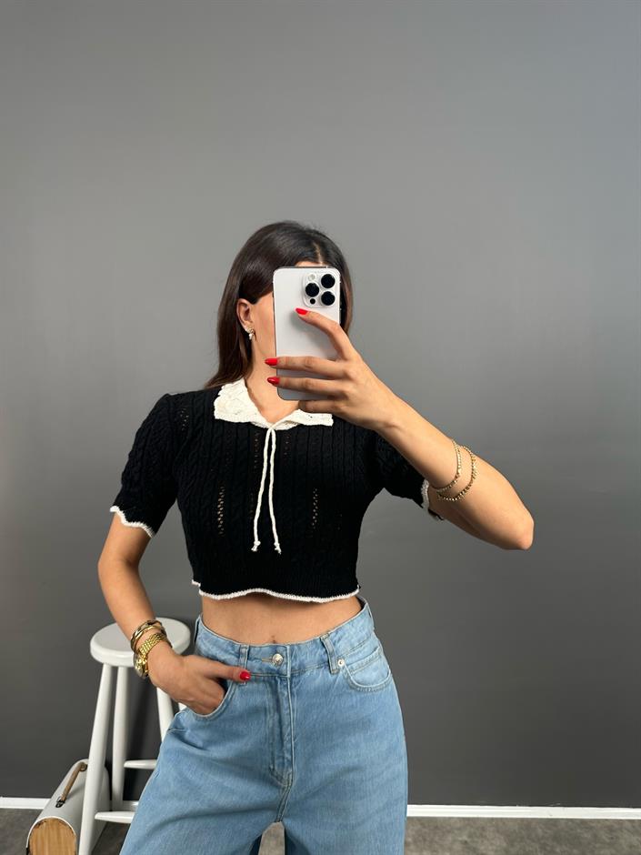 Cao ZR Model Siyah Bebe Yaka Kısa Kol Triko Crop