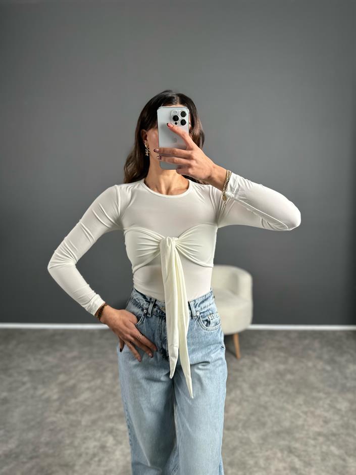 Ekru Kuşaklı Bağlamalı Bluz 