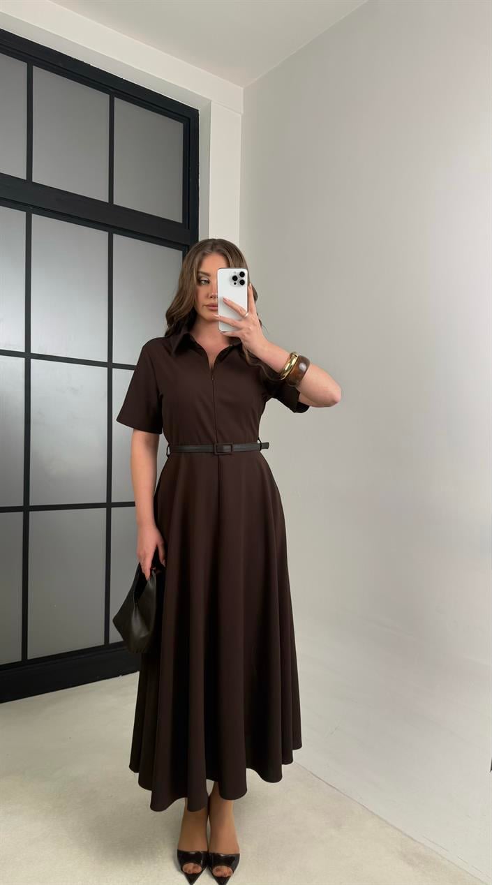 Acı Kahve İnce Kemerli Elbise GAUS-00991