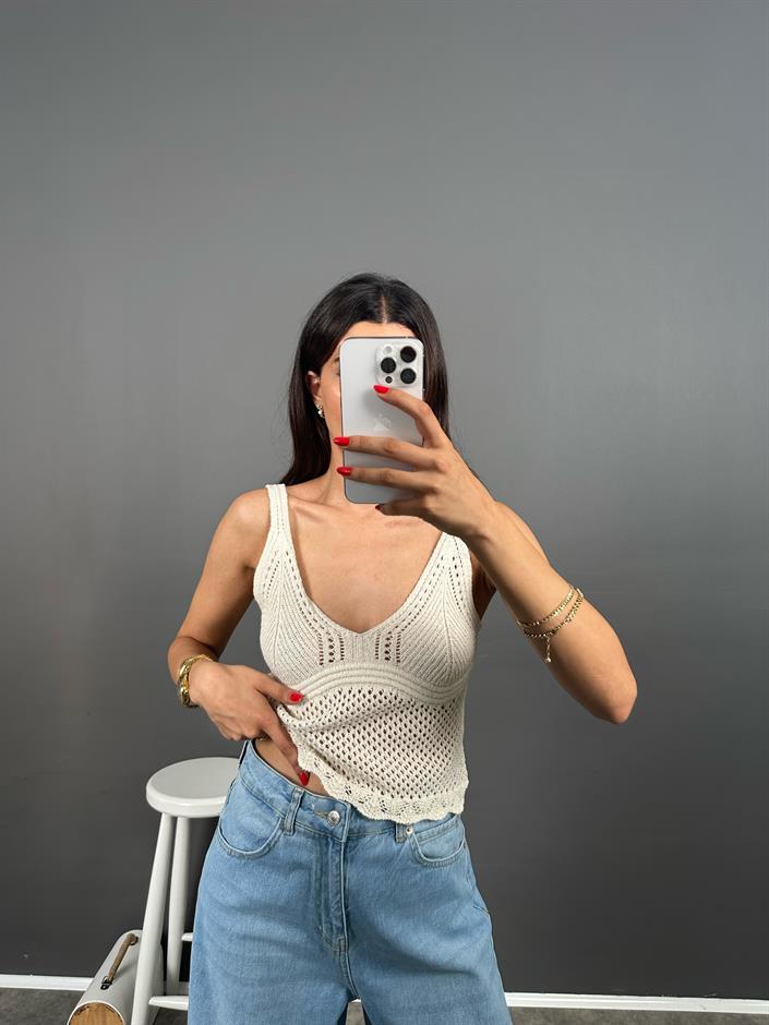 ZR Model Ekru Askılı Triko Örme Crop