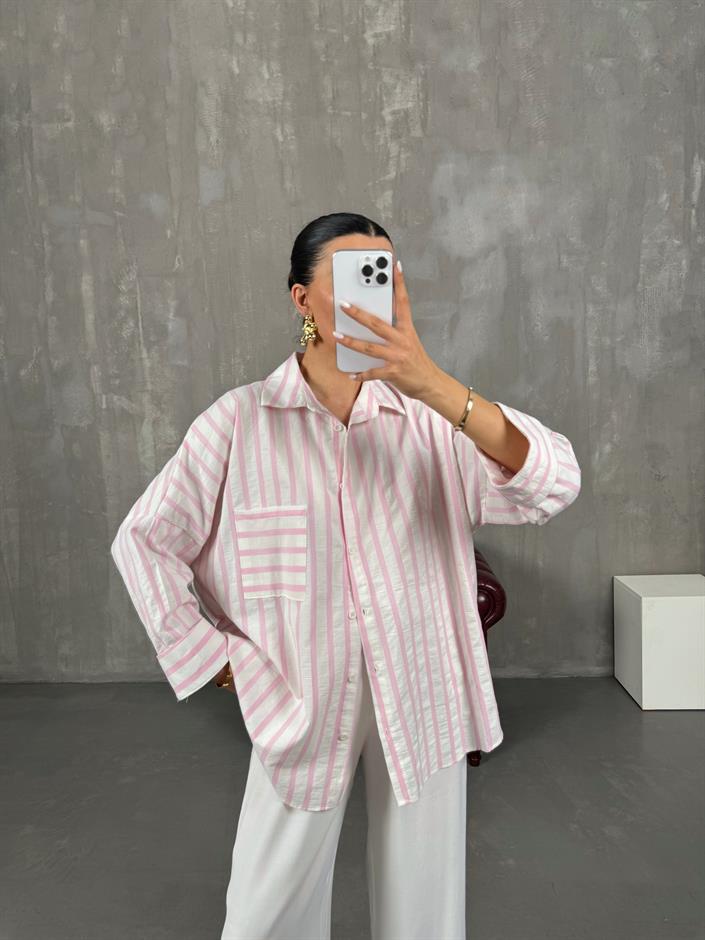 Pembe Çizgili Oversize Keten Gömlek Gaus00017