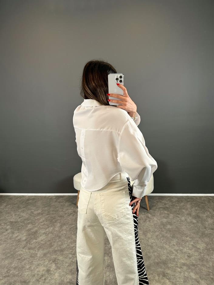 Cardi Beyaz Baskılı Crop Gömlek