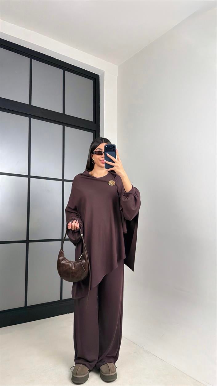 Acı Kahve Gold Tokalı Pelerin Bluz Beli Lastikli Pantolon Modal Kumaş Takım GAUS-00871