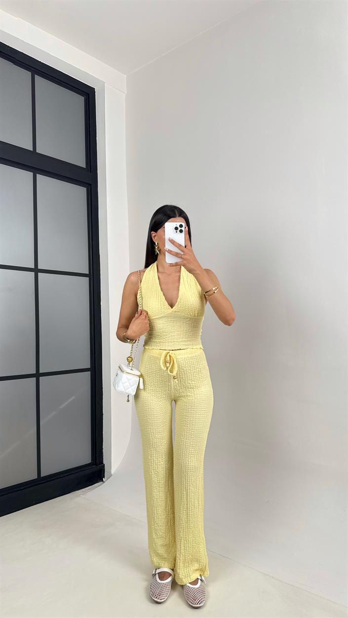 Sarı Boyundan Askılı Sırt Dekolteli Crop Beli Lastikli Pantolon İkili Bürümcük Takım Gaus00609