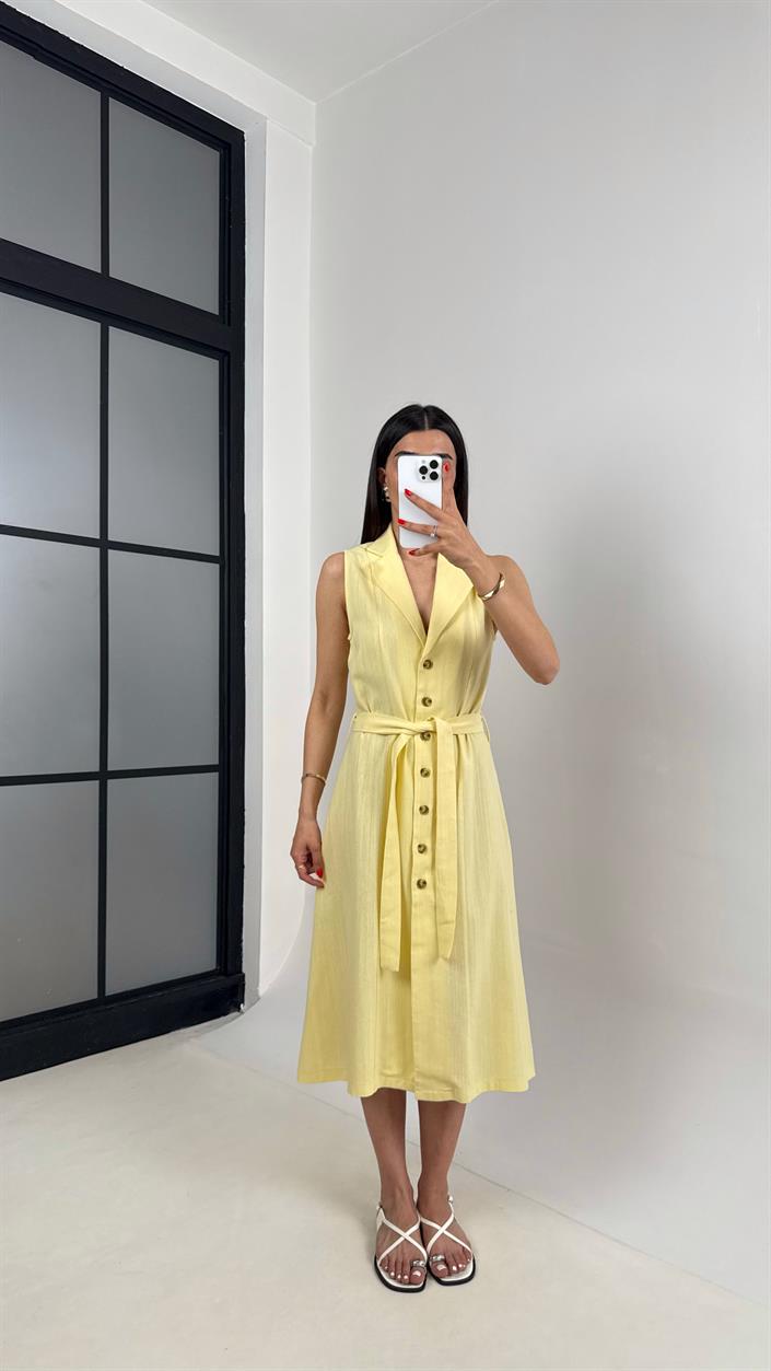 Sarı V Yaka Önü Düğmeli Kuşaklı Keten Elbise Gaus00461 