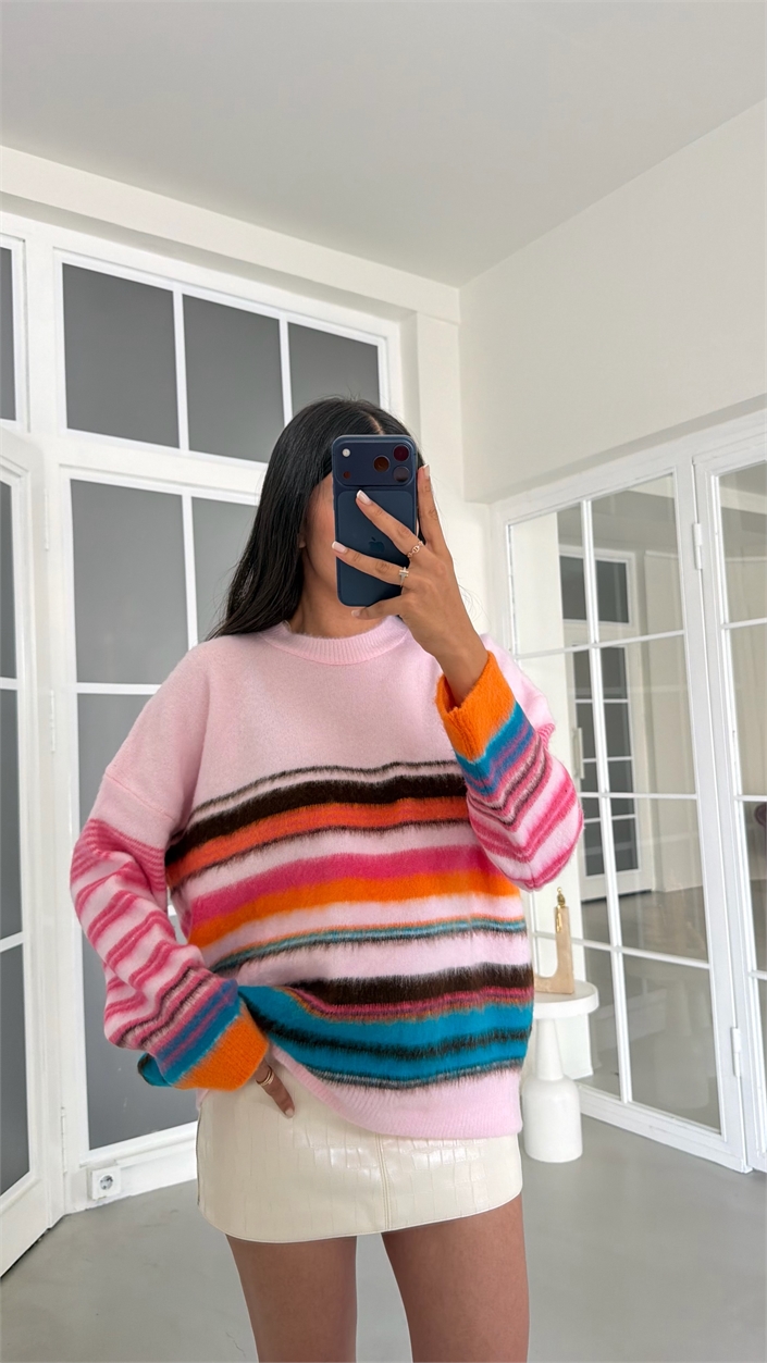 Pembe Bisiklet Yaka Çizgili Kazak GAUS-02182