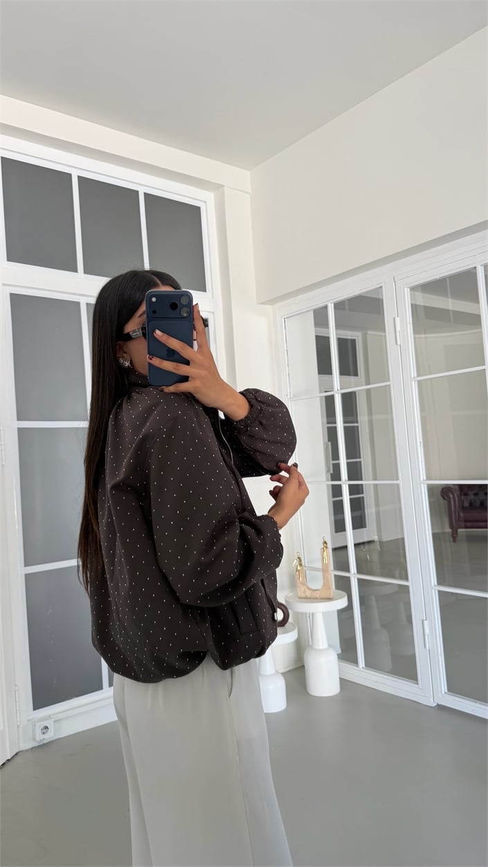 Kahve Astarlı Taşlı Tasarım Bomber Ceket GAUS-01898