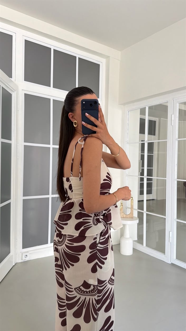 Kahve Ayarlanabilir Askılı Beli Lastikli Crop Pantolon İkili Desenli Takım GAUS-01749