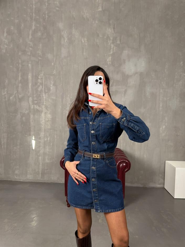 Renita Koyu Mavi Denim Düğmeli Jean Elbise