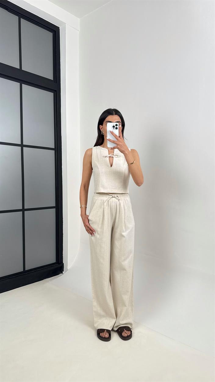 Taş Yaka Bağlama Detaylı Üst Beli Lastikli Cepli Pantolon ZR Muadil Keten Takım Gaus00398