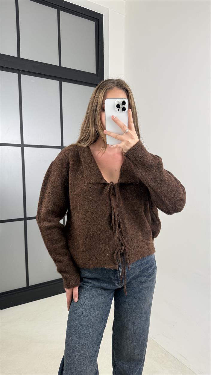 Kahve Önü Bağlama Detaylı Triko Hırka GAUS-00552