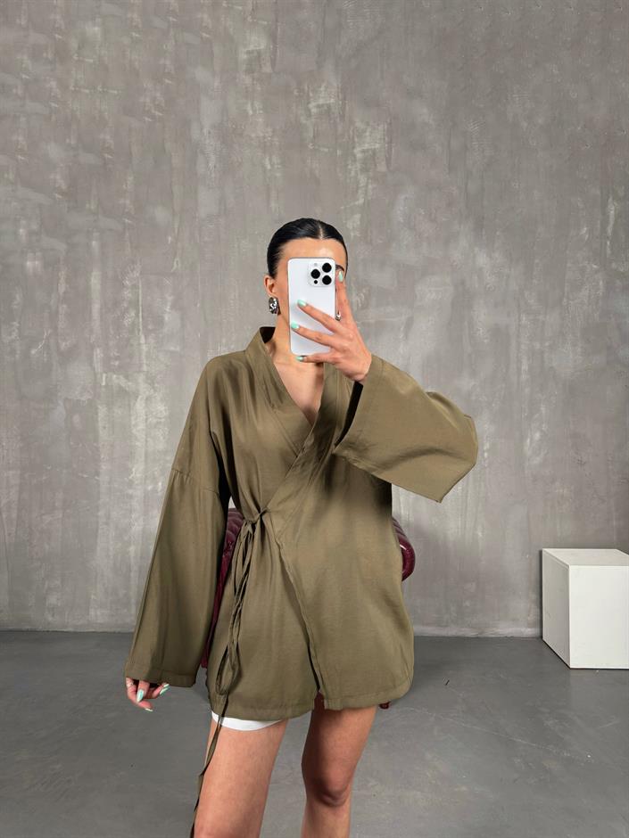 Haki Önden Bağlamalı Tensel Kimono Gaus00240