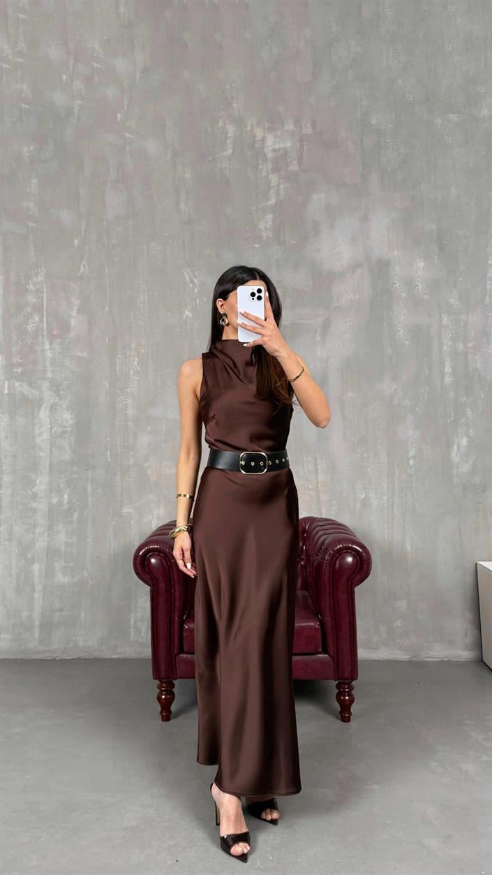 Kahve ZR Model Kemerli Saten Elbise GAUS-01259